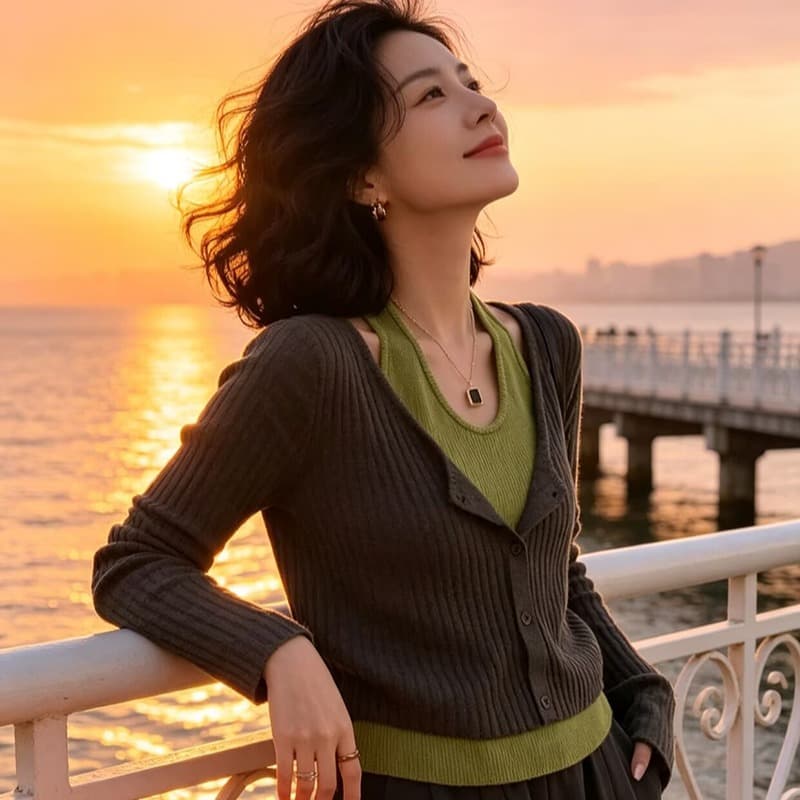 한 부서 배색 행침 목 니트 스웨터 여성 작은 대중 디자인 센스 페이크 레이어드 V넥 구덩이 기사 슬림해 보이는 긴팔 기본 셔츠