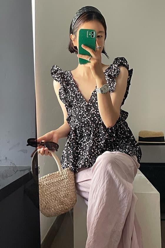 실사 정가 한 chic 남쪽 법 꽃무늬 전원 Feifei 소매 프릴 풀오버 민소매 셔츠 이미지 6