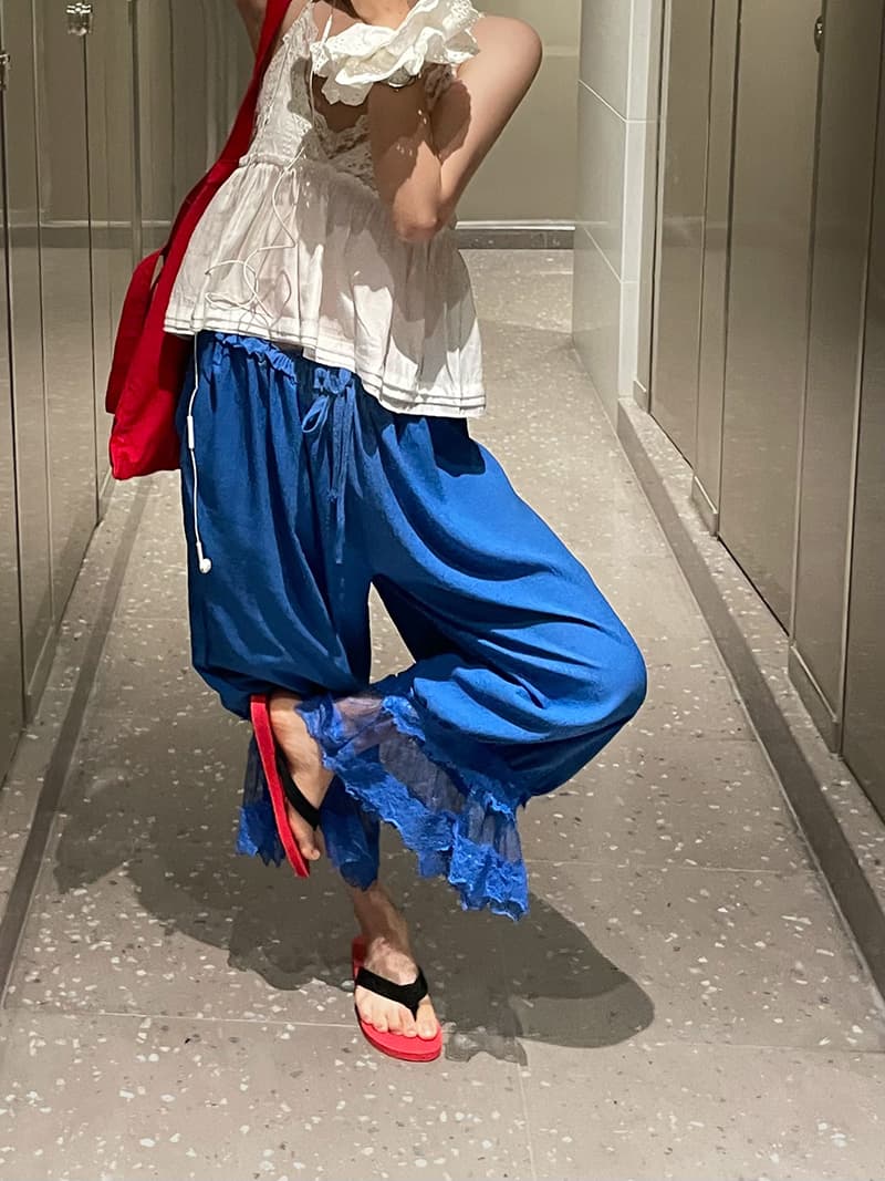 실사 정가 한국 chic 주름 질감 센스 랜턴 패치워크 레이스 바지 휴가 9부 바지 꽃밭 바지 2 색 상세 이미지 23