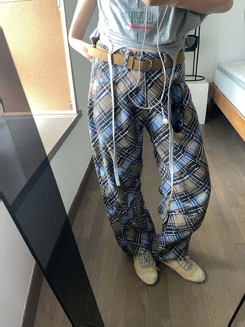 실사 정가 한국 이른 가을 chic 블루 브라운 체크무늬 청바지 로우 웨이스트 스트레이트 팬츠 상세 이미지 5
