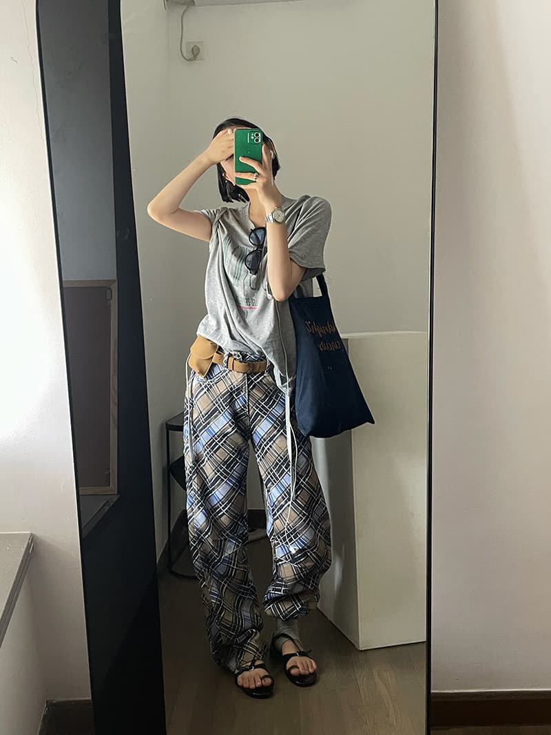 실사 정가 한국 이른 가을 chic 블루 브라운 체크무늬 청바지 로우 웨이스트 스트레이트 팬츠 상세 이미지 14