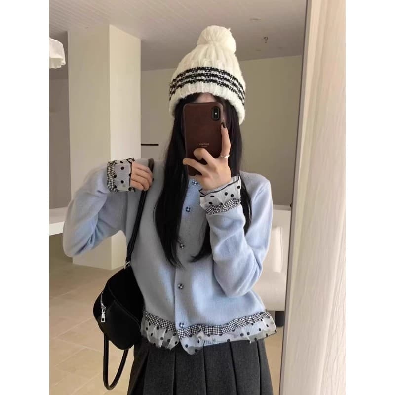 한 부서 달콤함 레이스 패치워크 색상 스웨터 여자 니트 스웨터 오픈 가디건 가을 겨울 루즈핏 느긋한 바람 품격 쇼트 스타일 맨위 이미지 2