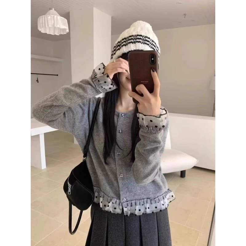 한 부서 달콤함 레이스 패치워크 색상 스웨터 여자 니트 스웨터 오픈 가디건 가을 겨울 루즈핏 느긋한 바람 품격 쇼트 스타일 맨위 이미지 4