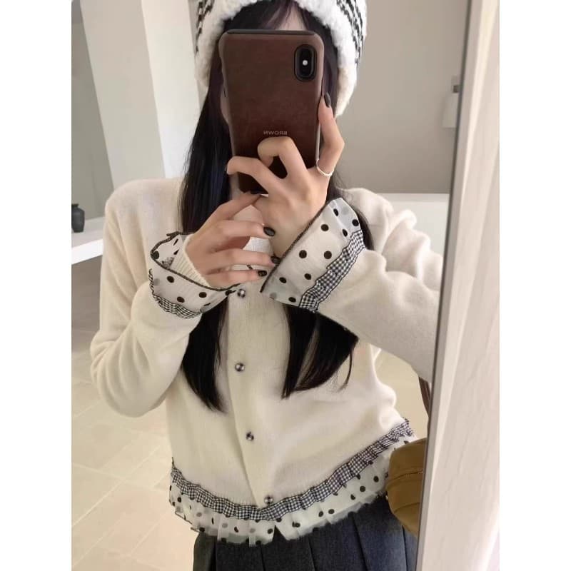 한 부서 달콤함 레이스 패치워크 색상 스웨터 여자 니트 스웨터 오픈 가디건 가을 겨울 루즈핏 느긋한 바람 품격 쇼트 스타일 맨위 이미지 5