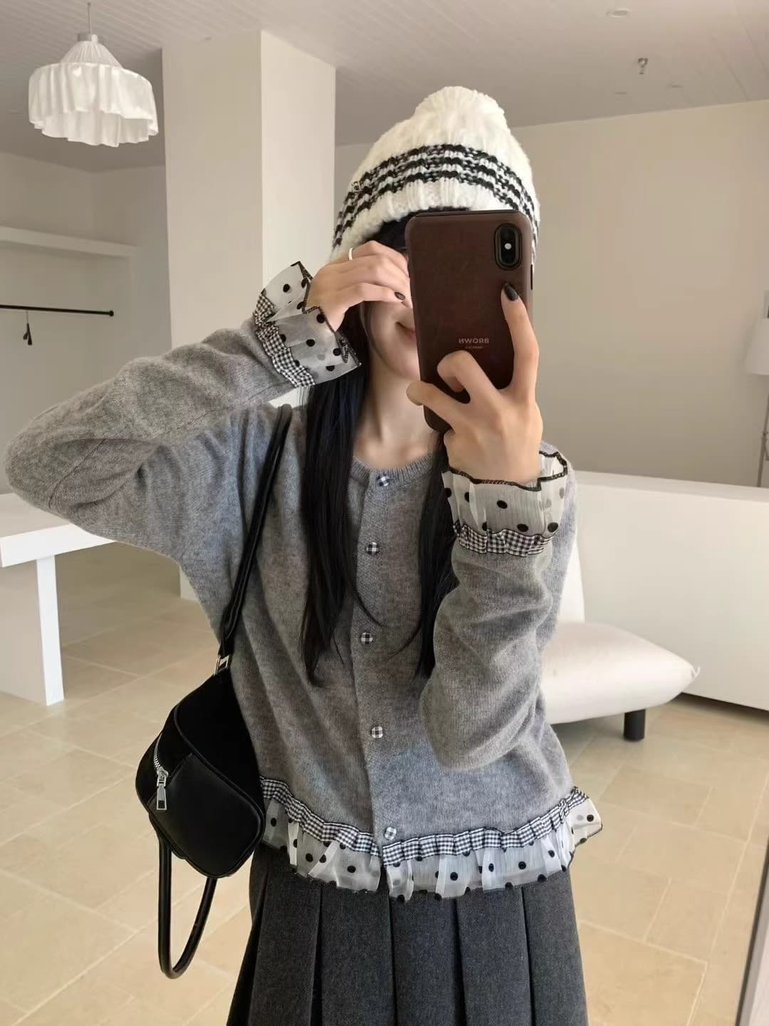 한 부서 달콤함 레이스 패치워크 색상 스웨터 여자 니트 스웨터 오픈 가디건 가을 겨울 루즈핏 느긋한 바람 품격 쇼트 스타일 맨위 상세 이미지 3