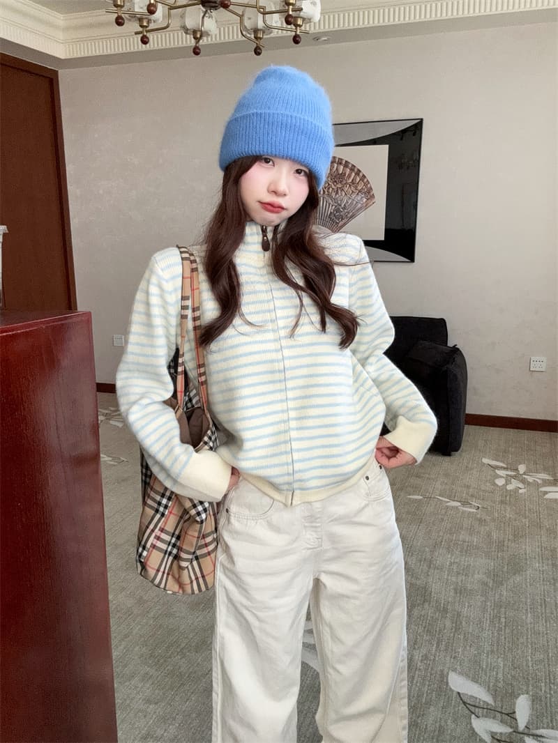 한 부서 디자인 센스 배색 스트라이프 품격 지퍼 긴팔 스웨터 여자 가을 슬림해 보이는 다용도 chic 맨위 상세 이미지 8