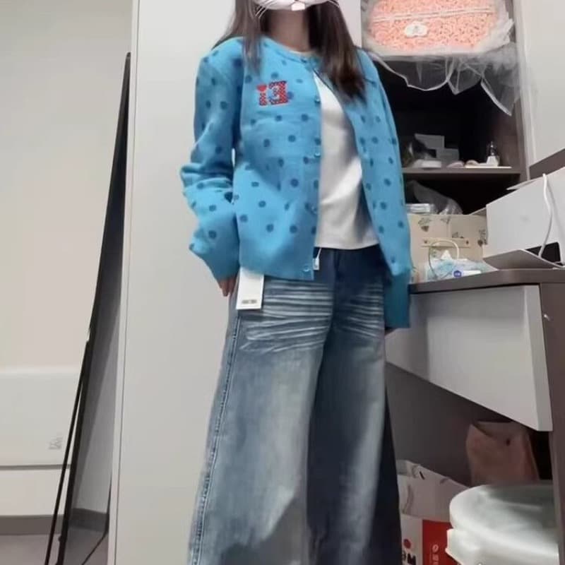 아메리칸 레트로 도트 무늬 오픈 가디건 파란색 스웨터 여성 코트 이른 가을 쇼트 스타일 느긋한 바람 니트 스웨터 맨위 이미지 5