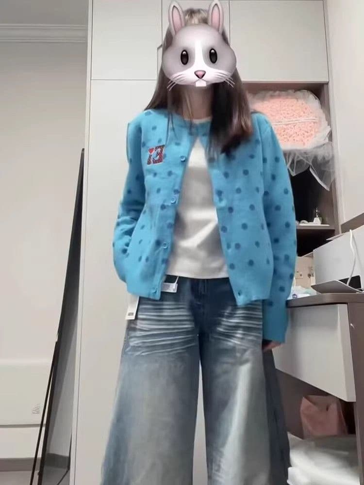 아메리칸 레트로 도트 무늬 오픈 가디건 파란색 스웨터 여성 코트 이른 가을 쇼트 스타일 느긋한 바람 니트 스웨터 맨위 상세 이미지 5