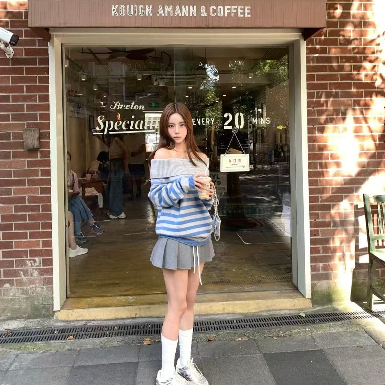 가을 겨울철 새로운 작은 대중 한 부서 스트라이프 폴로 칼라 슬림해 보이는 느긋한 센스 오프숄더 니트 긴 소매 스웨터 이미지 5