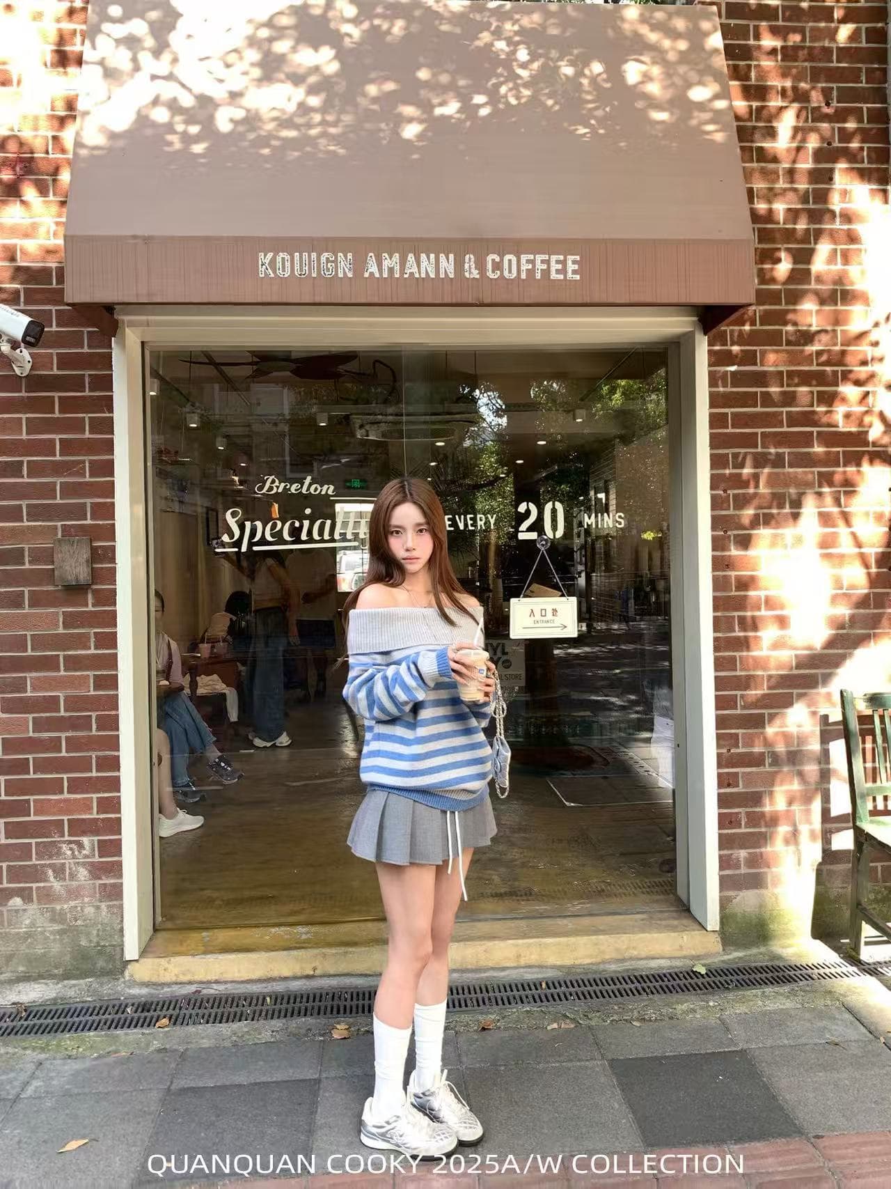 가을 겨울철 새로운 작은 대중 한 부서 스트라이프 폴로 칼라 슬림해 보이는 느긋한 센스 오프숄더 니트 긴 소매 스웨터 상세 이미지 2