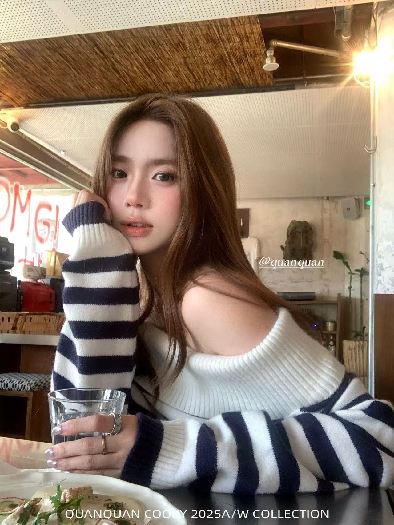 가을 겨울철 새로운 작은 대중 한 부서 스트라이프 폴로 칼라 슬림해 보이는 느긋한 센스 오프숄더 니트 긴 소매 스웨터 상세 이미지 3