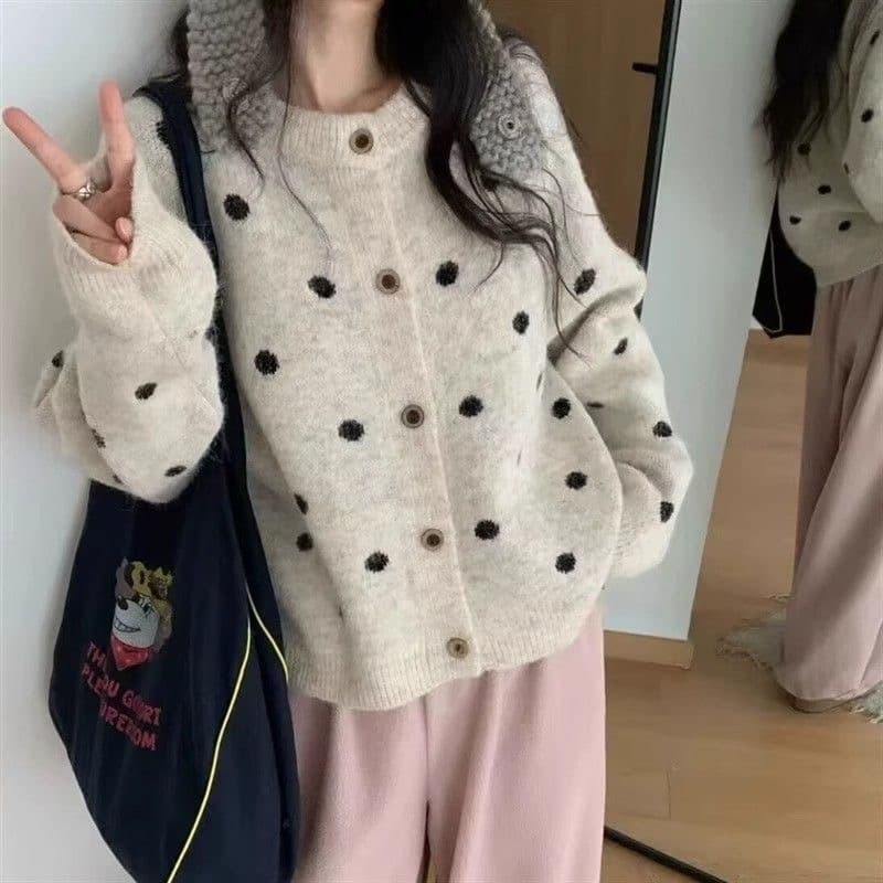 있음 선적 이른 가을 새로운 한 부서 도트 무늬 니트 오픈 가디건 여성 가을 겨울 고급 센스 느긋한 바람 루즈핏 스웨터 맨위 상세 이미지 2
