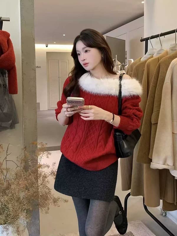 한 부서 오프숄더 모피 칼라 긴팔 스웨터 여자 가을 겨울 순수한 욕망 품격 루즈핏 슬림해 보이는 느긋한 풀오버 오프숄더 맨위 상세 이미지 1