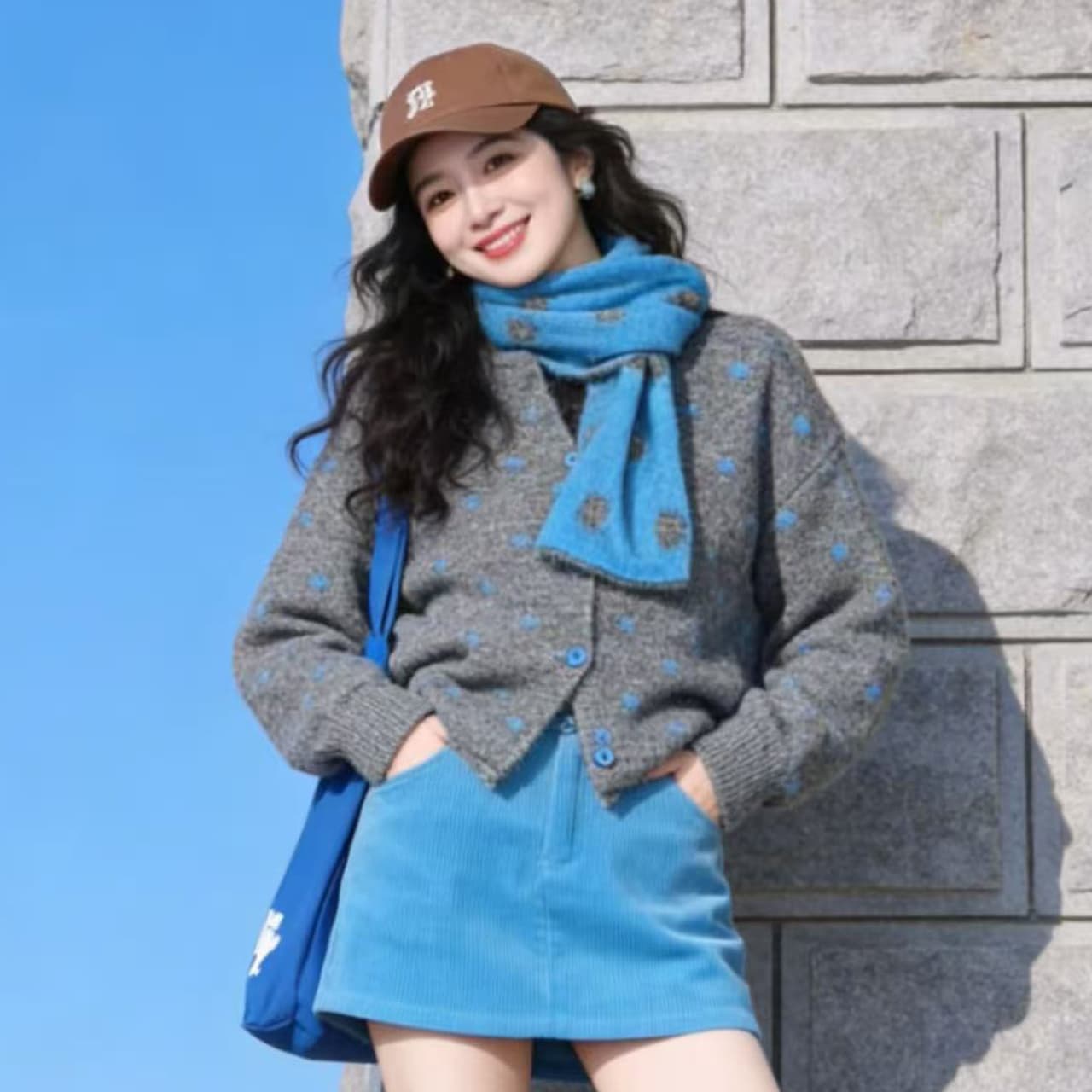 한 부서 작은 샤넬 스타일 회색 도트 무늬 니트 오픈 가디건 여성 가을 겨울 느긋한 고급 센스 스카프 스웨터 코트 투피스 세트 이미지 3