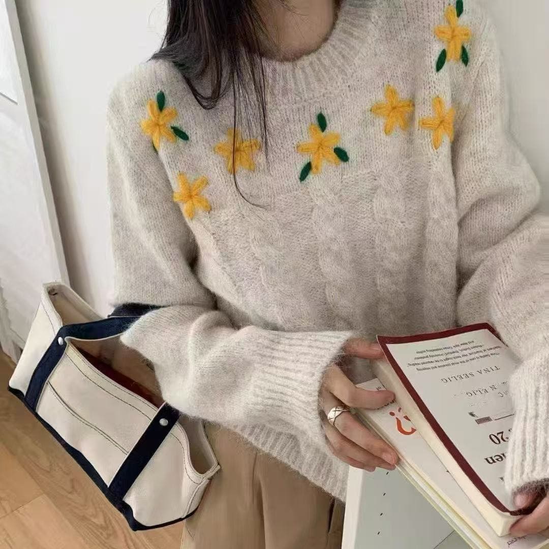 한 부서 레트로 라운드 넥 부드러운 찹쌀 풀오버 니트 스웨터 루즈핏 미니멀리즘 가시 자수 디자인 패션 맨위 여성 코트 이미지 2