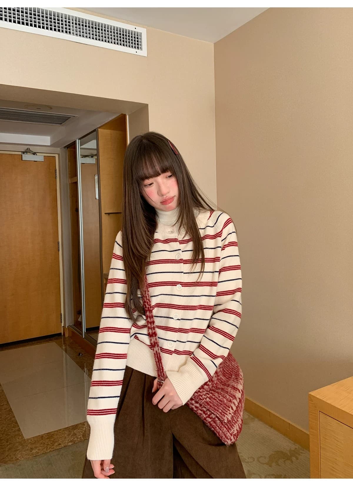 안녕하세요. 대포 레트로 배색 스트라이프 니트 오픈 가디건 여성 봄 가을 2026 새로운 느슨함 센스 캐주얼 슬림해 보이는 맨위 상세 이미지 48