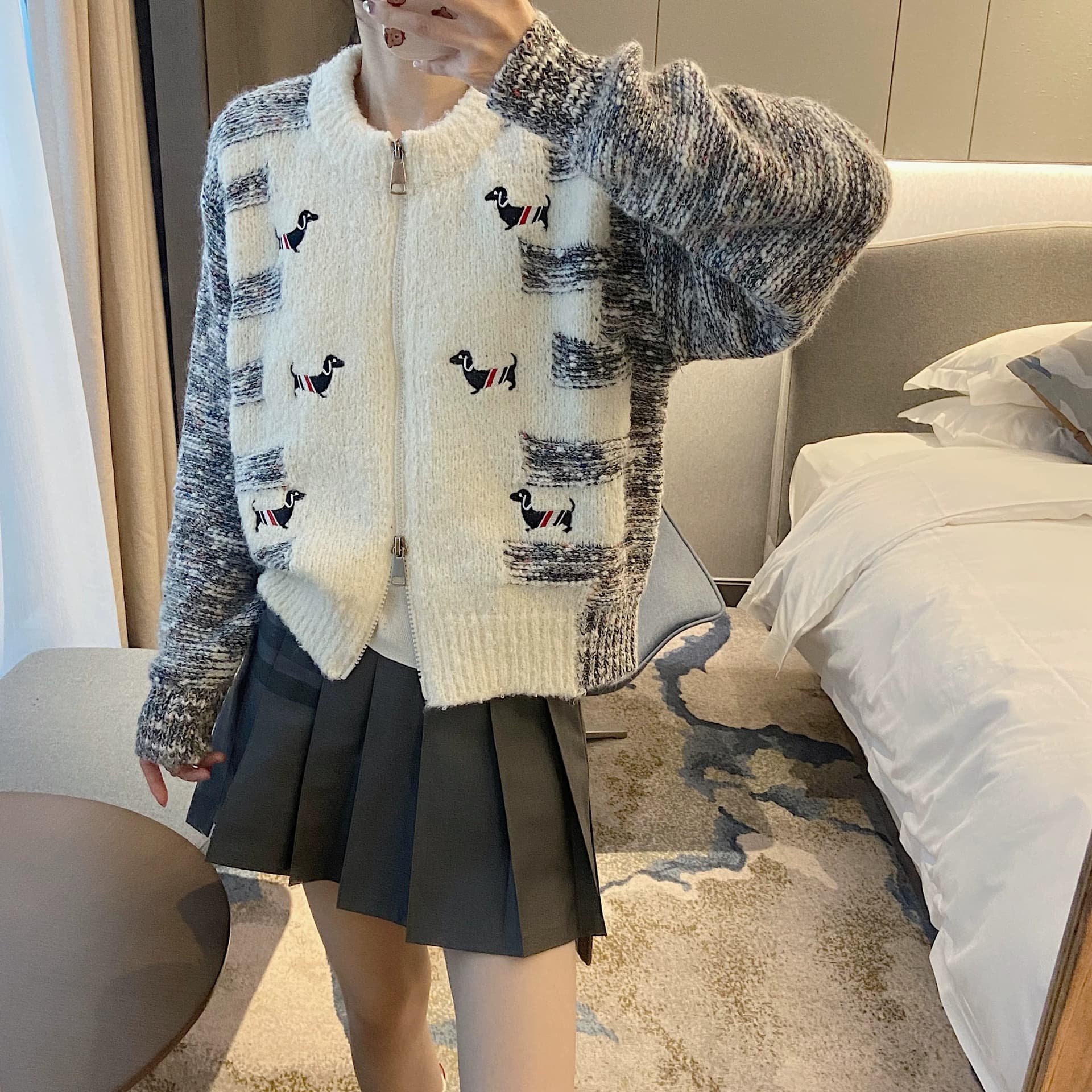 강아지 자수 아이디어 실 양모 니트 오픈 가디건 여성 봄 가을 외국 가스 연령 감소 스웨터 지퍼 재킷 트렌디 상세 이미지 2