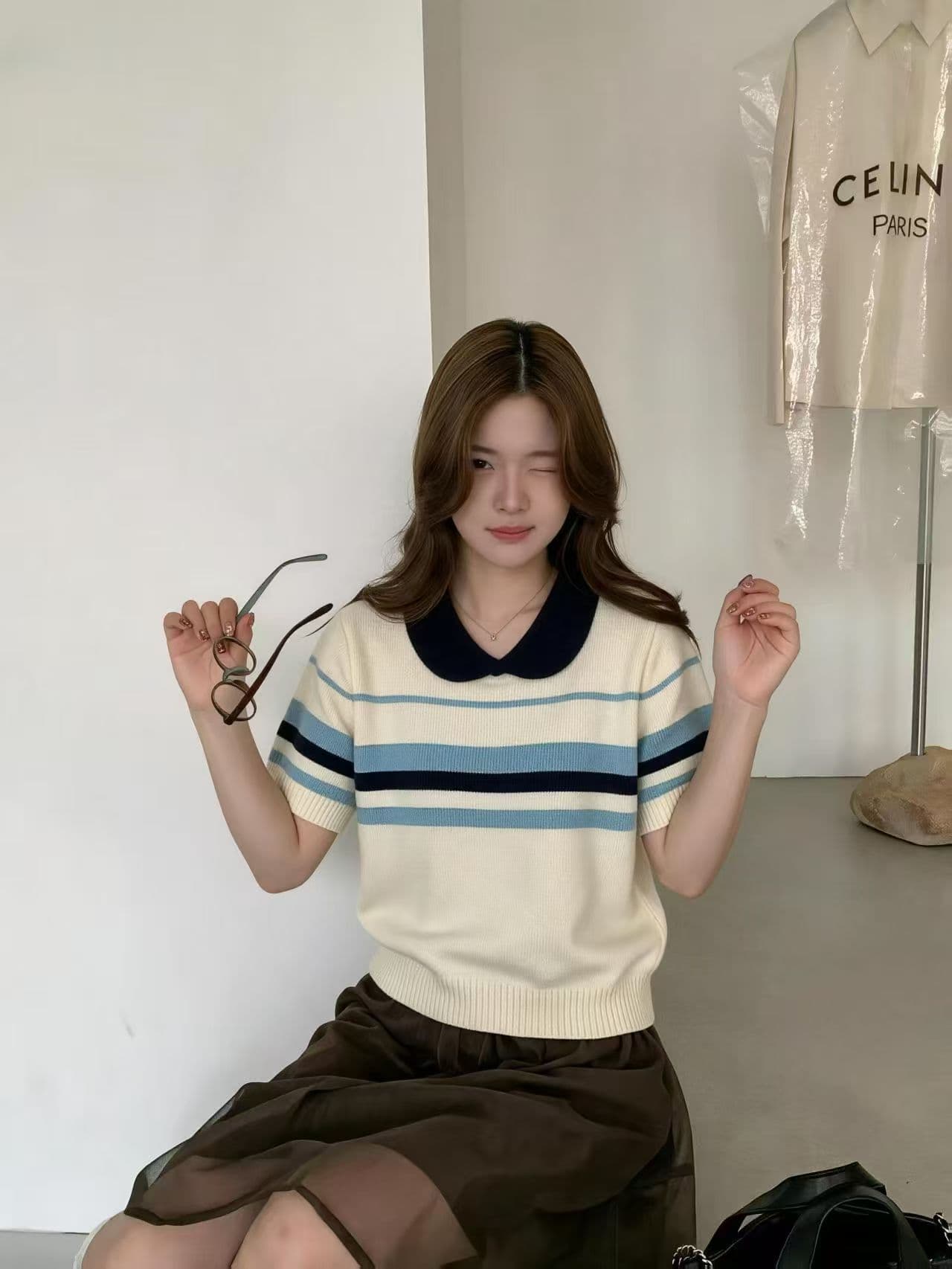 품격 학원 스타일 배색 스트라이프 베이비 칼라 반팔 여성 여름 새로운 한 부서 라이 경기 서울 니트 스웨터 상세 이미지 3