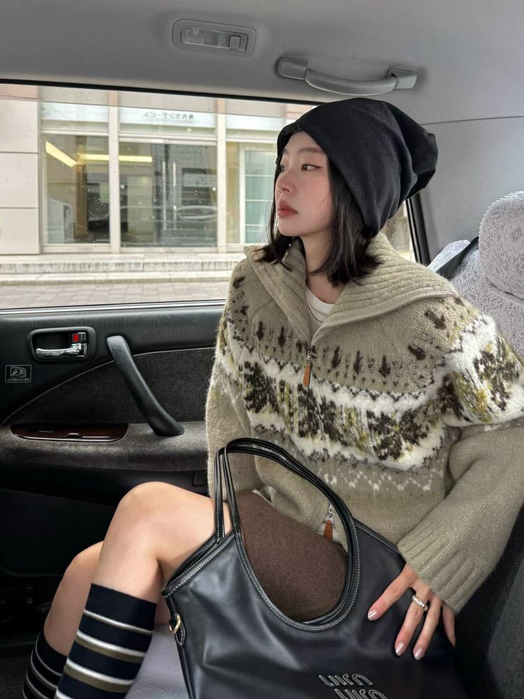 양 양모 혼합 공정한 섬 배색 폴로 칼라 니트 오픈 가디건 여성 2025 겨울 새로운 지퍼 스웨터 이미지 2