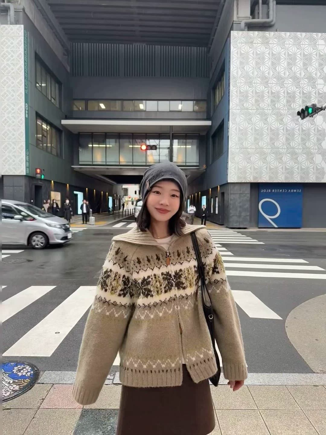 양 양모 혼합 공정한 섬 배색 폴로 칼라 니트 오픈 가디건 여성 2025 겨울 새로운 지퍼 스웨터 상세 이미지 2