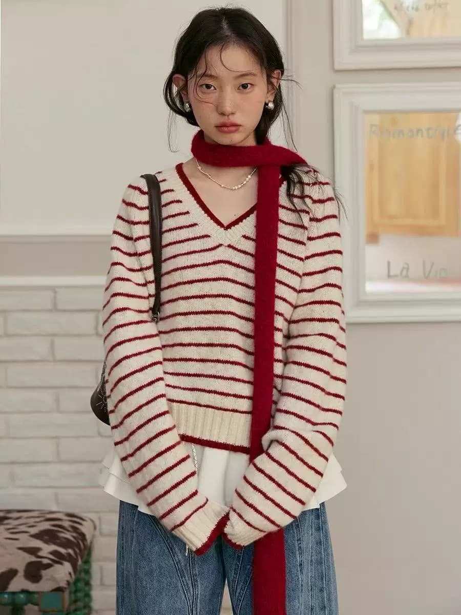 레트로 느긋한 바람 V넥 스트라이프 스웨터 여자 봄 가을 착용 가져 가라. 외출용 인사이드 가져 가라. 니트 맨위 상세 이미지 8