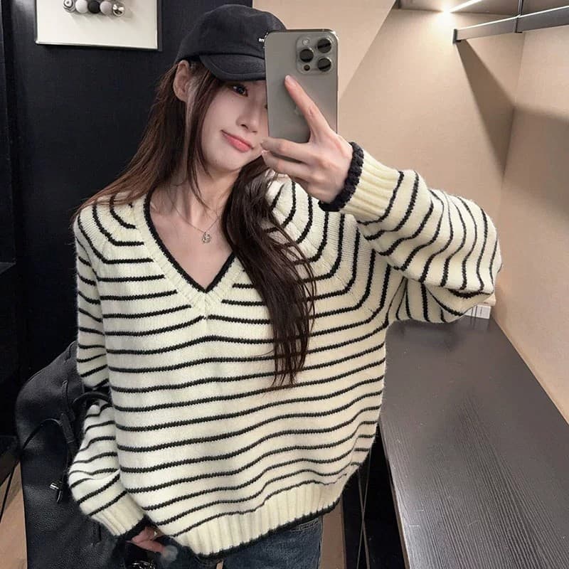 레트로 느긋한 바람 V넥 스트라이프 스웨터 여자 봄 가을 착용 가져 가라. 외출용 인사이드 가져 가라. 니트 맨위 상세 이미지 12