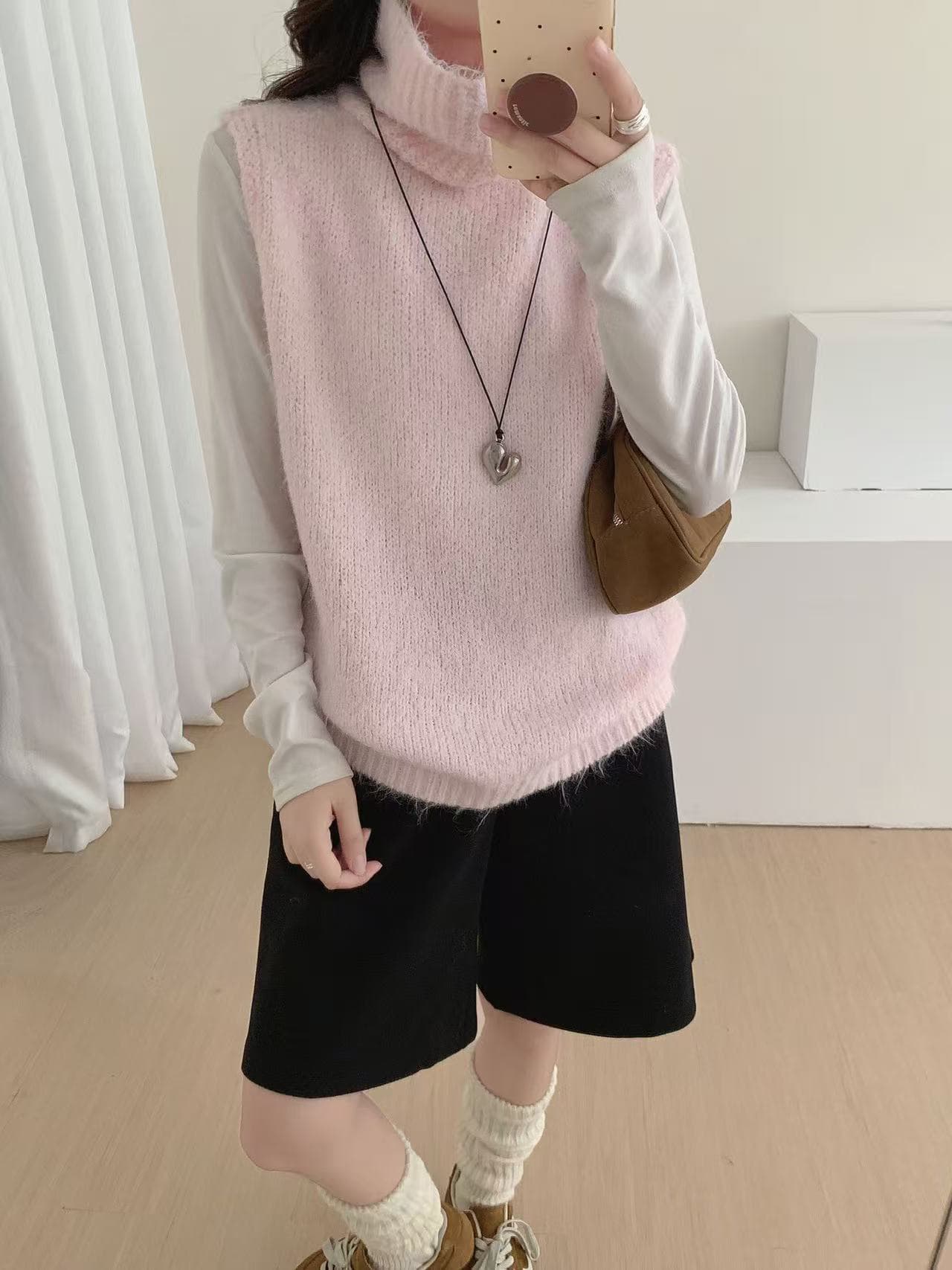 부드러운 한 부서 핑크색 터틀넥 스택 착용 민소매 니트 조끼 여성 가을 겨울철 새로운 베스트 모방 밍크 플리스 맨위 이미지 3