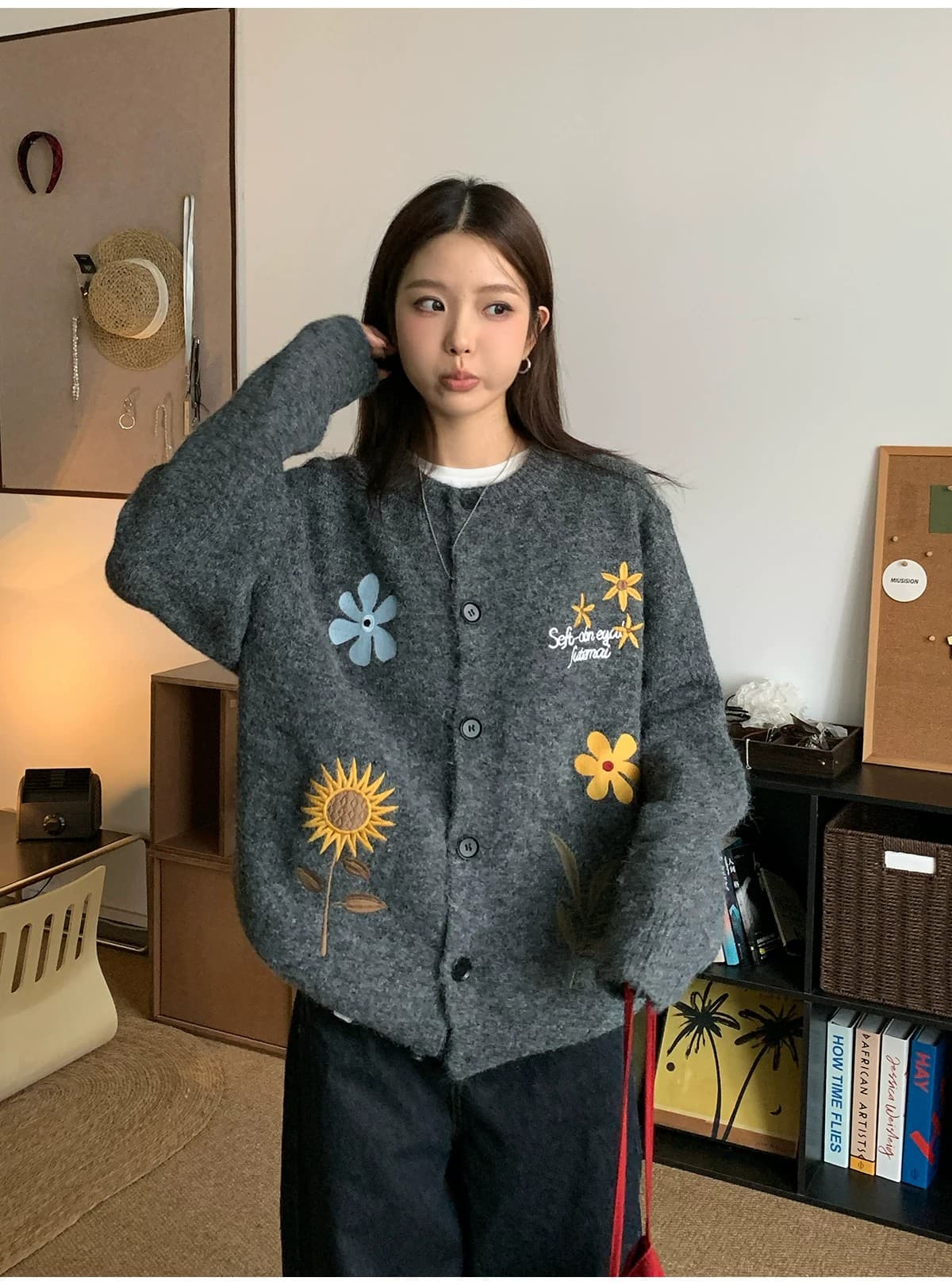 부드러운 찹쌀 꽃무늬 자수 오픈 가디건 스웨터 여성 코트 가을 겨울 느긋한 바람 느슨함 센스 니트 스웨터 맨위 상세 이미지 4
