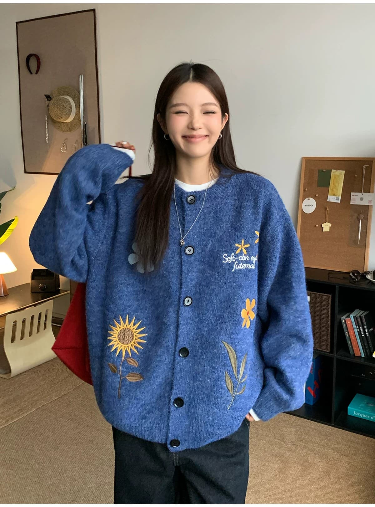 부드러운 찹쌀 꽃무늬 자수 오픈 가디건 스웨터 여성 코트 가을 겨울 느긋한 바람 느슨함 센스 니트 스웨터 맨위 상세 이미지 8