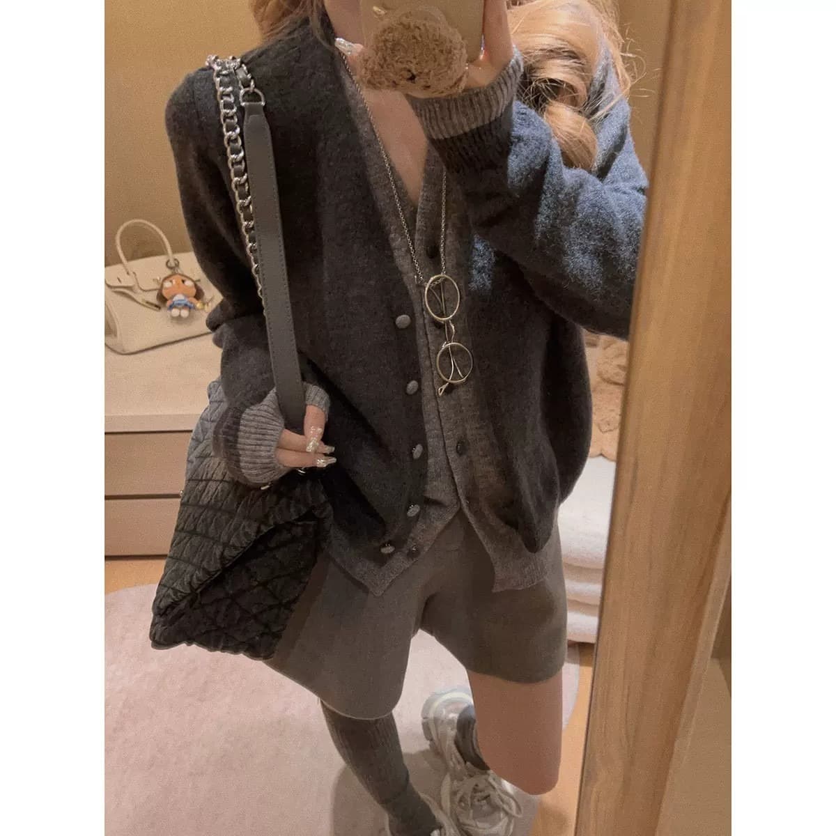 보 주님 바람 배색 페이크 레이어드 니트 오픈 가디건 스웨터 여성 겨울 한 부서 루즈핏 슬림해 보이는 보온 맨위 이미지 5