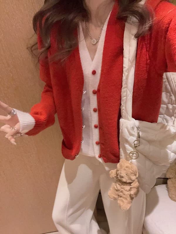 보 주님 바람 배색 페이크 레이어드 니트 오픈 가디건 스웨터 여성 겨울 한 부서 루즈핏 슬림해 보이는 보온 맨위 상세 이미지 25