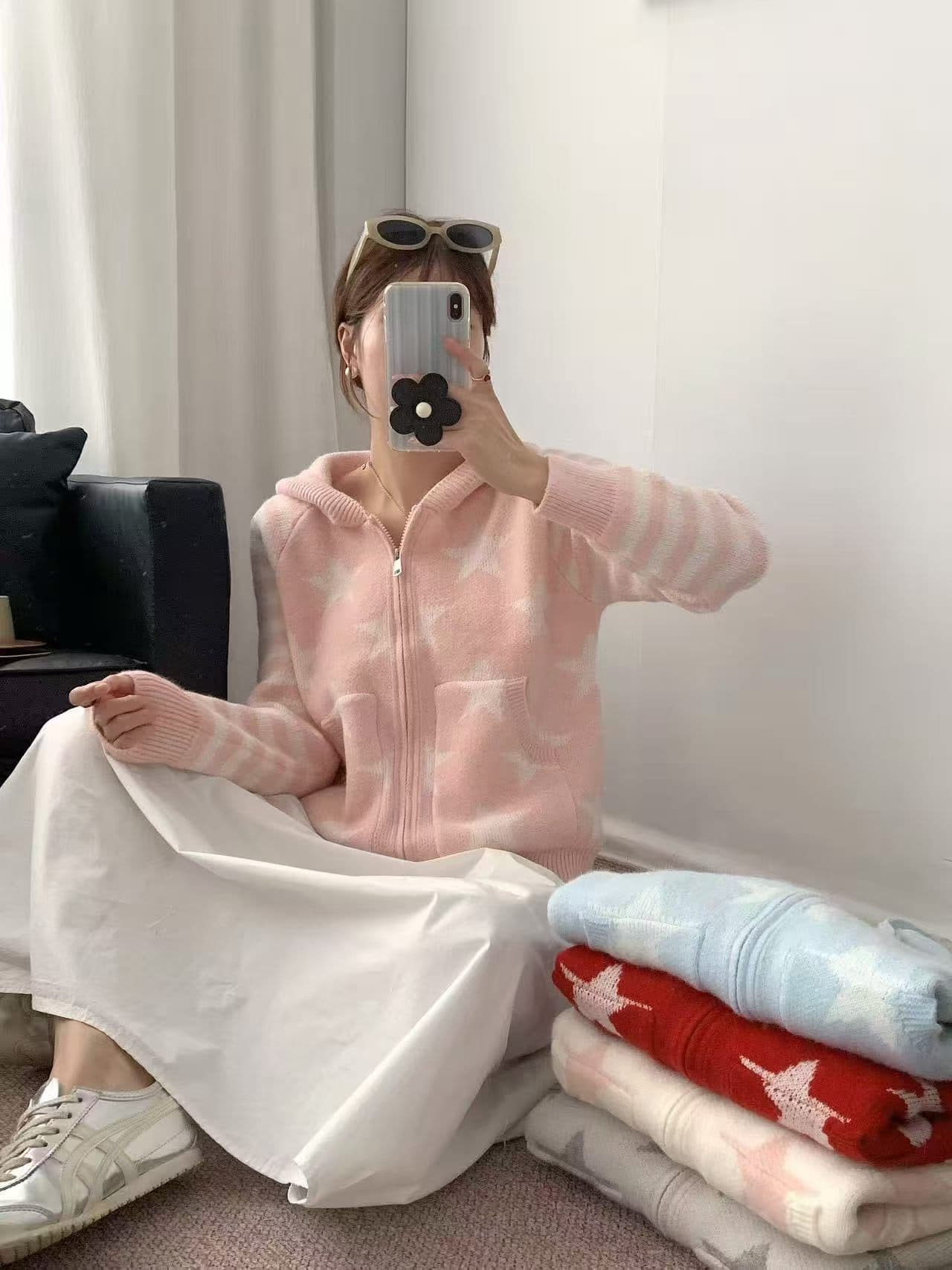 아메리칸 별 스트라이프 후드 니트 오픈 가디건 여성 이른 봄 새로운 루즈핏 느긋한 스웨터 이미지 3
