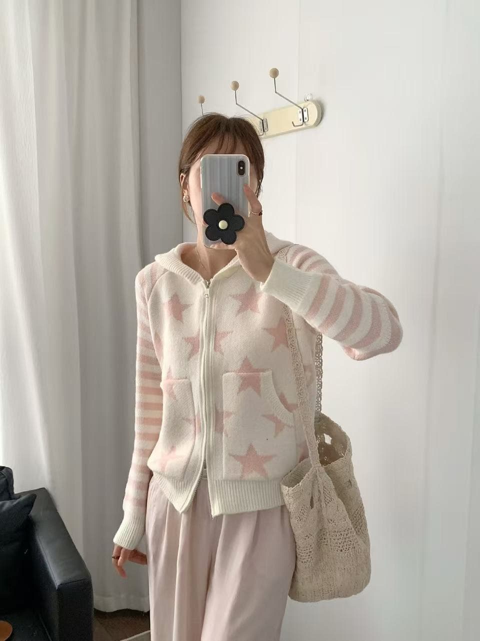 아메리칸 별 스트라이프 후드 니트 오픈 가디건 여성 이른 봄 새로운 루즈핏 느긋한 스웨터 상세 이미지 2