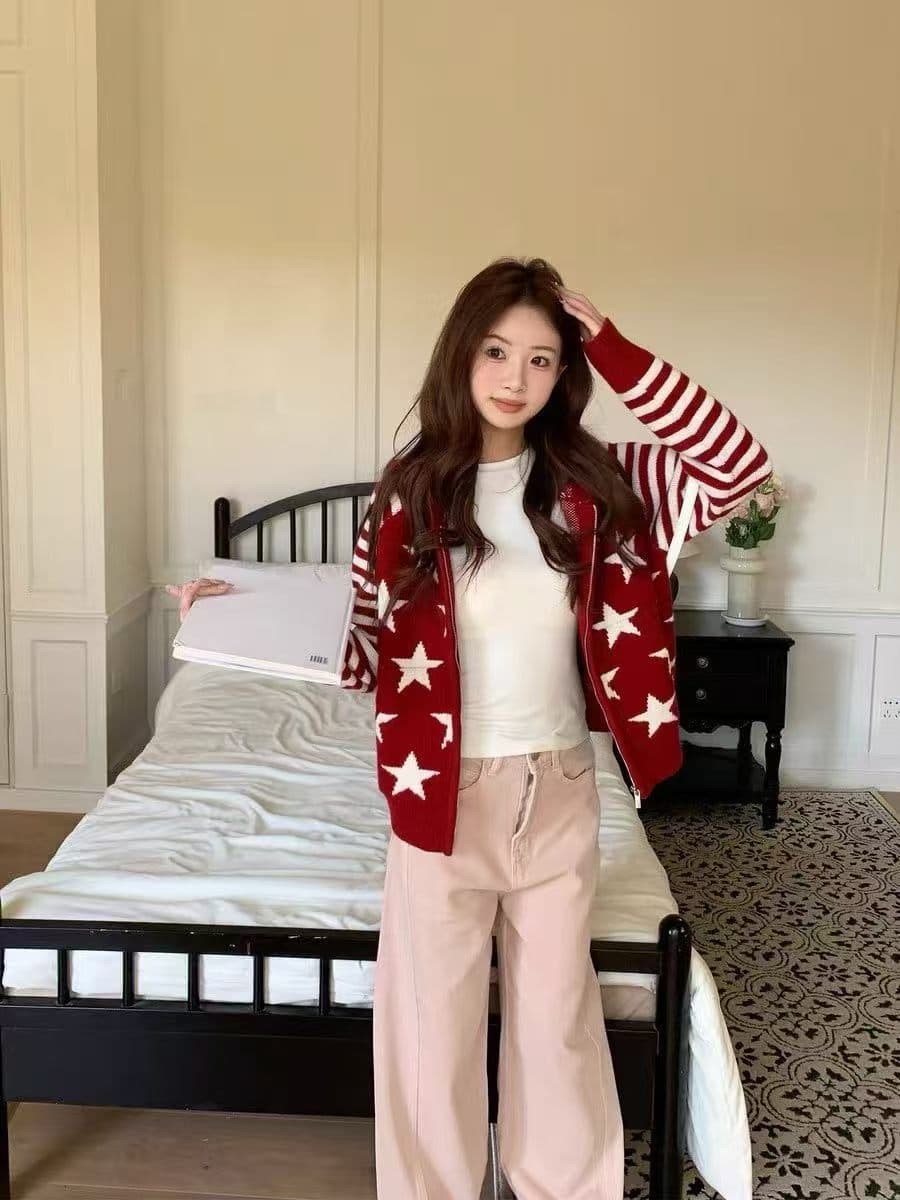 아메리칸 별 스트라이프 후드 니트 오픈 가디건 여성 이른 봄 새로운 루즈핏 느긋한 스웨터 상세 이미지 6