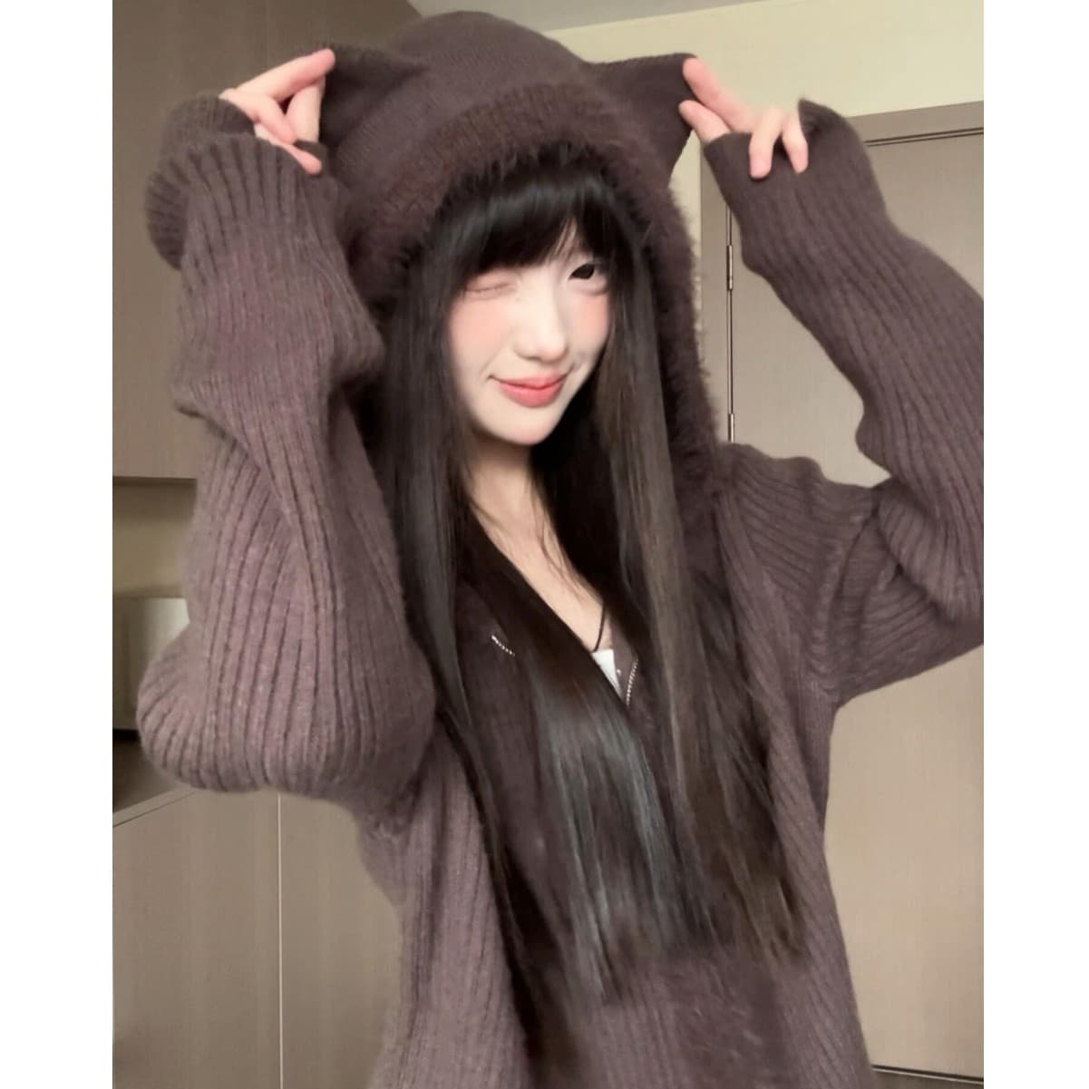 화이트 우유 fufu 고양이 귀 모방 밍크 울 스웨터 여성 코트 가을 겨울철 외부 가져 가라. 슈퍼 잘 생긴 지퍼 니트 오픈 가디건 이미지 4