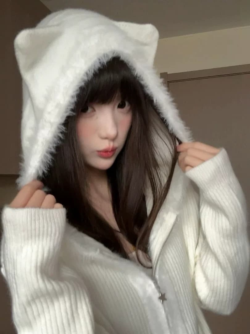 화이트 우유 fufu 고양이 귀 모방 밍크 울 스웨터 여성 코트 가을 겨울철 외부 가져 가라. 슈퍼 잘 생긴 지퍼 니트 오픈 가디건 이미지 2