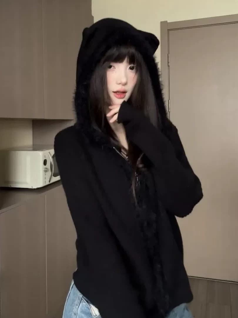 화이트 우유 fufu 고양이 귀 모방 밍크 울 스웨터 여성 코트 가을 겨울철 외부 가져 가라. 슈퍼 잘 생긴 지퍼 니트 오픈 가디건 이미지 3