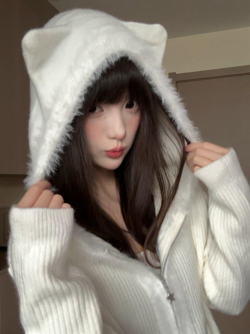 화이트 우유 fufu 고양이 귀 모방 밍크 울 스웨터 여성 코트 가을 겨울철 외부 가져 가라. 슈퍼 잘 생긴 지퍼 니트 오픈 가디건 상세 이미지 1
