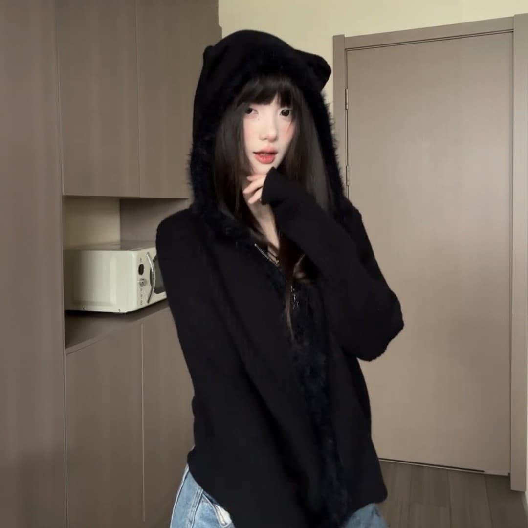 화이트 우유 fufu 고양이 귀 모방 밍크 울 스웨터 여성 코트 가을 겨울철 외부 가져 가라. 슈퍼 잘 생긴 지퍼 니트 오픈 가디건 상세 이미지 2