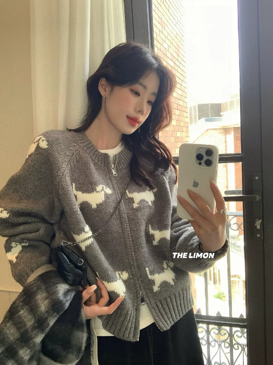 한 부서 강아지 자카드 회색 지퍼 니트 오픈 가디건 여성 가을 겨울 크리스마스 바람 느긋한 스웨터 코트 연령 감소 맨위 이미지 3