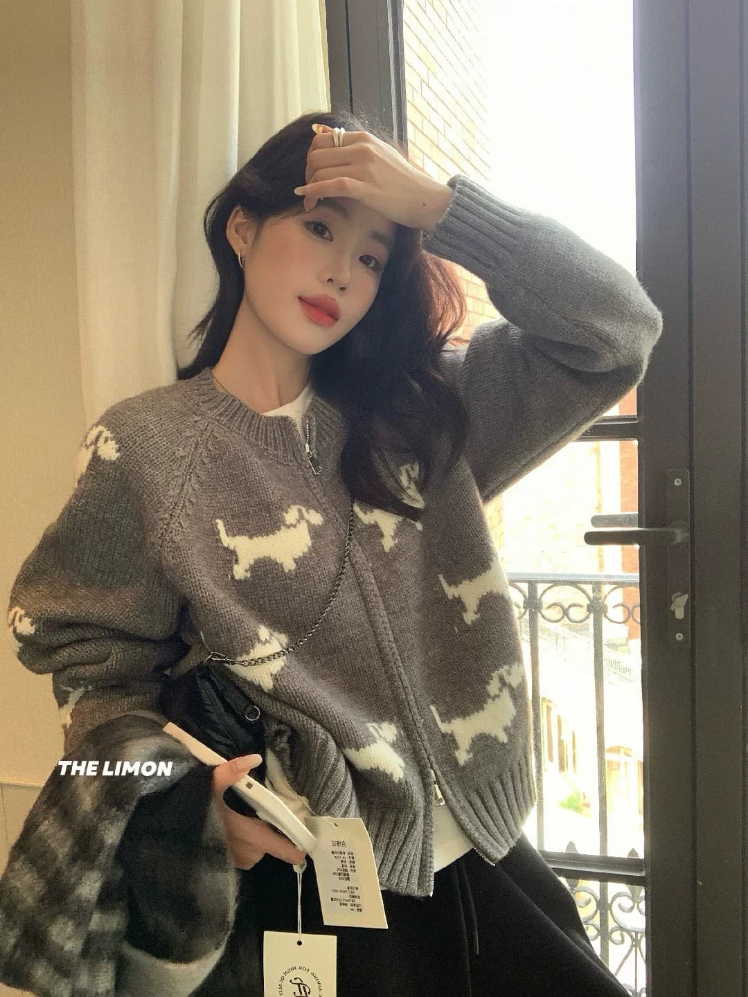한 부서 강아지 자카드 회색 지퍼 니트 오픈 가디건 여성 가을 겨울 크리스마스 바람 느긋한 스웨터 코트 연령 감소 맨위 상세 이미지 5