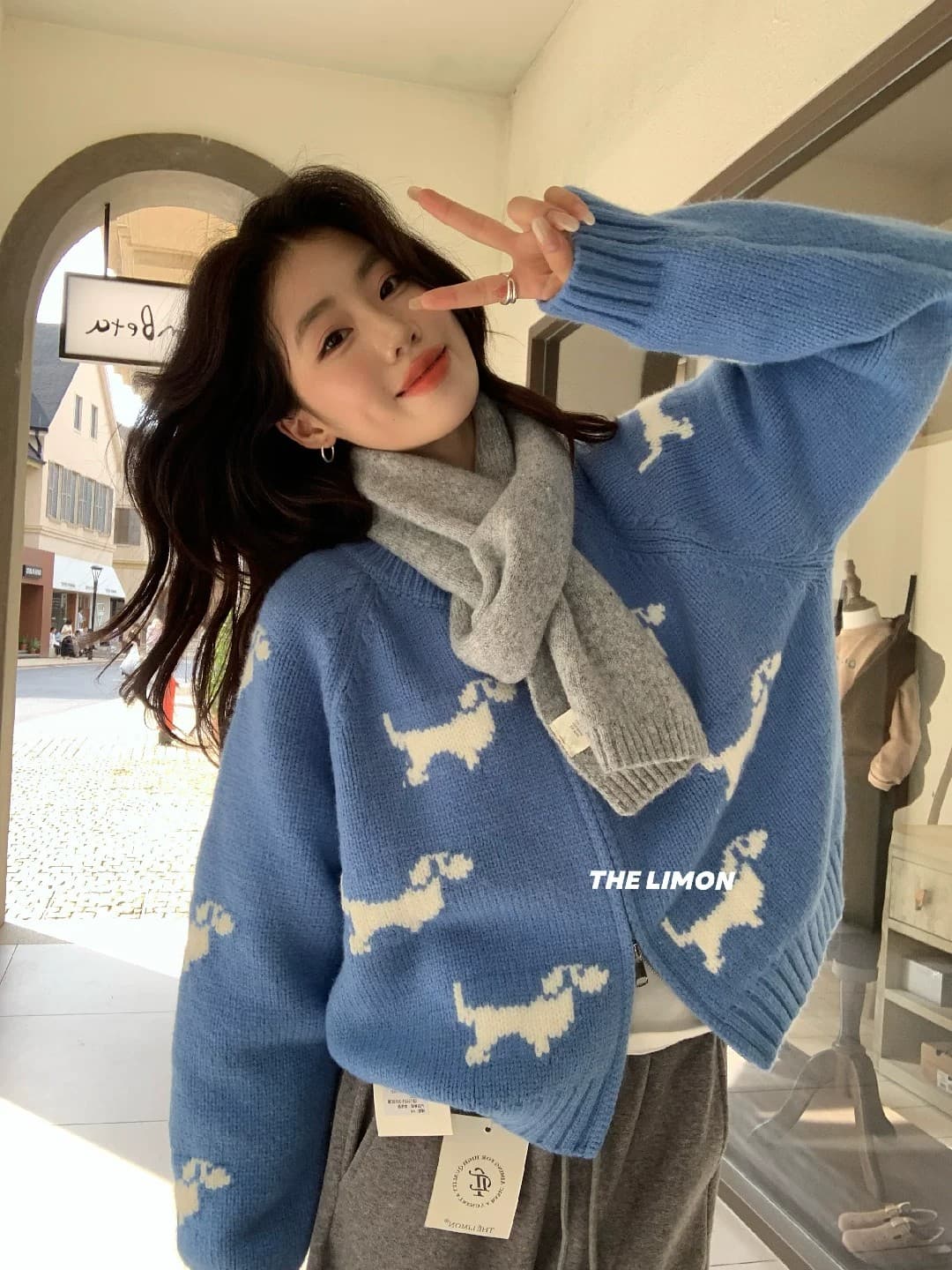 한 부서 강아지 자카드 회색 지퍼 니트 오픈 가디건 여성 가을 겨울 크리스마스 바람 느긋한 스웨터 코트 연령 감소 맨위 상세 이미지 6