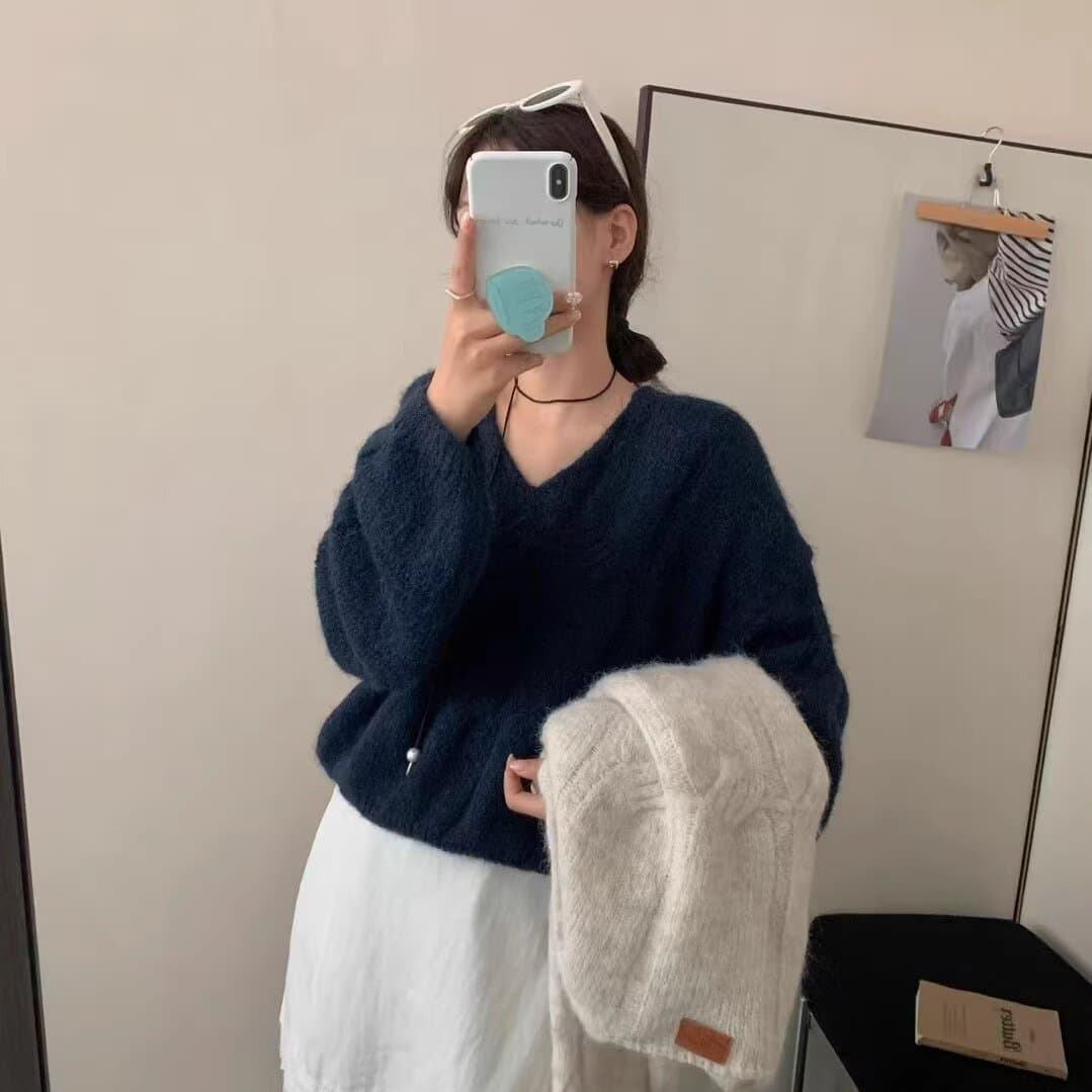 100 순수한 양모 한 부서 느긋한 바람 V넥 꽈배기 니트 스웨터 여자 가을 겨울 착용 가져 가라. 부드러운 찹쌀 슬림해 보이는 루즈핏 맨위 이미지 5