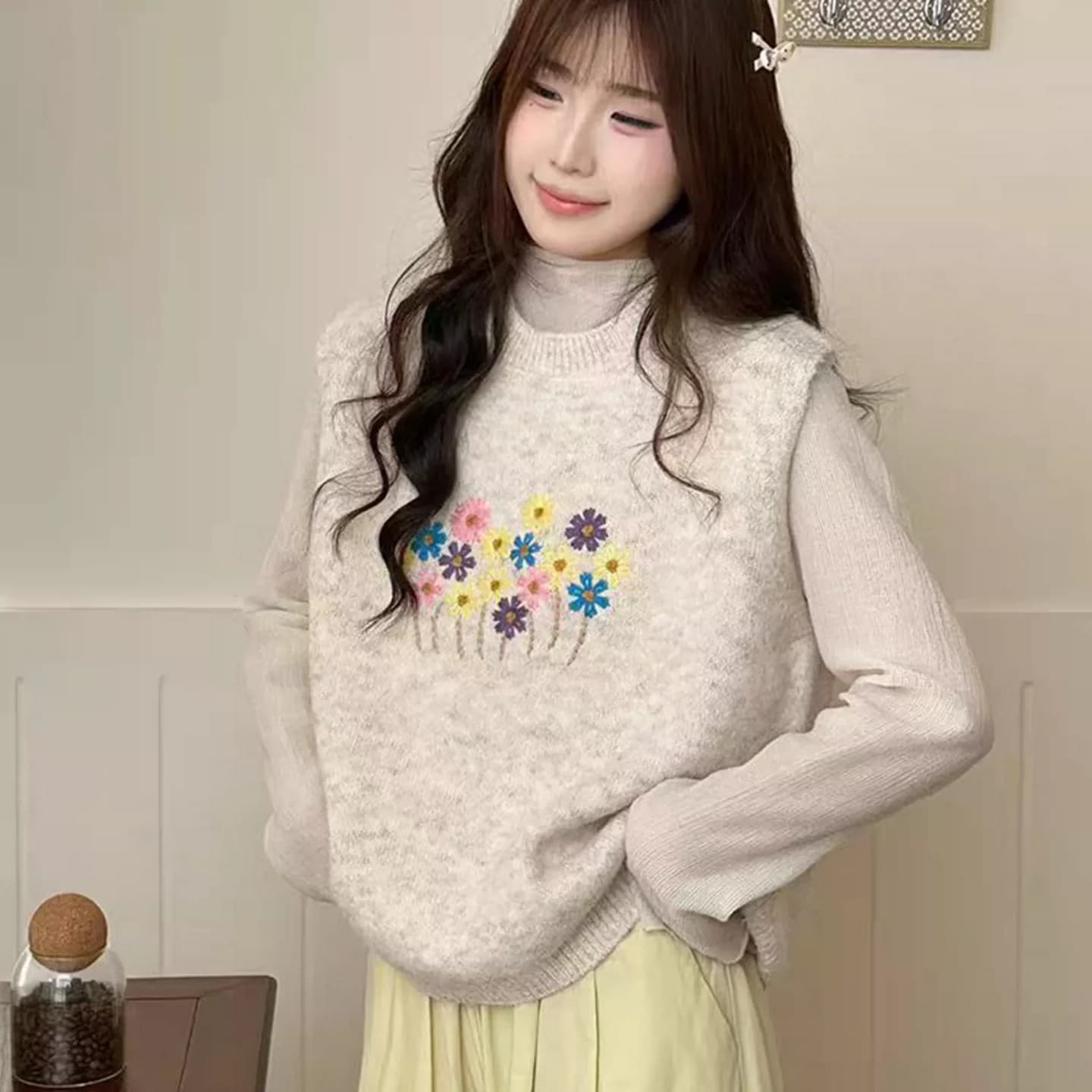 한 부서 달콤함 자수 작은 꽃 라운드 넥 베스트 니트 스웨터 여성 봄 가을 새로운 스택 착용 어깨 조끼 맨위 트렌디 상세 이미지 10