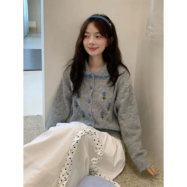 한 부서 달콤함 자수 작은 꽃 폴로 칼라 스웨터 오픈 가디건 여성 루즈핏 가을 겨울 부드러운 찹쌀 연령 감소 니트 재킷 두꺼움 맨위 상세 이미지 1