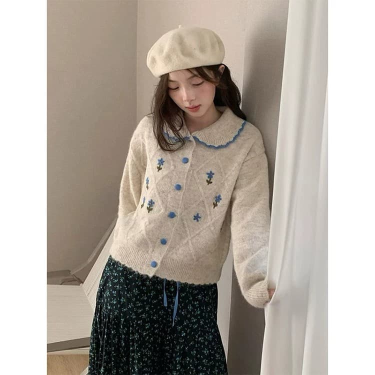 한 부서 달콤함 자수 작은 꽃 폴로 칼라 스웨터 오픈 가디건 여성 루즈핏 가을 겨울 부드러운 찹쌀 연령 감소 니트 재킷 두꺼움 맨위 상세 이미지 4