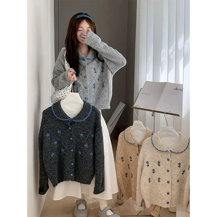 한 부서 달콤함 자수 작은 꽃 폴로 칼라 스웨터 오픈 가디건 여성 루즈핏 가을 겨울 부드러운 찹쌀 연령 감소 니트 재킷 두꺼움 맨위 상세 이미지 5