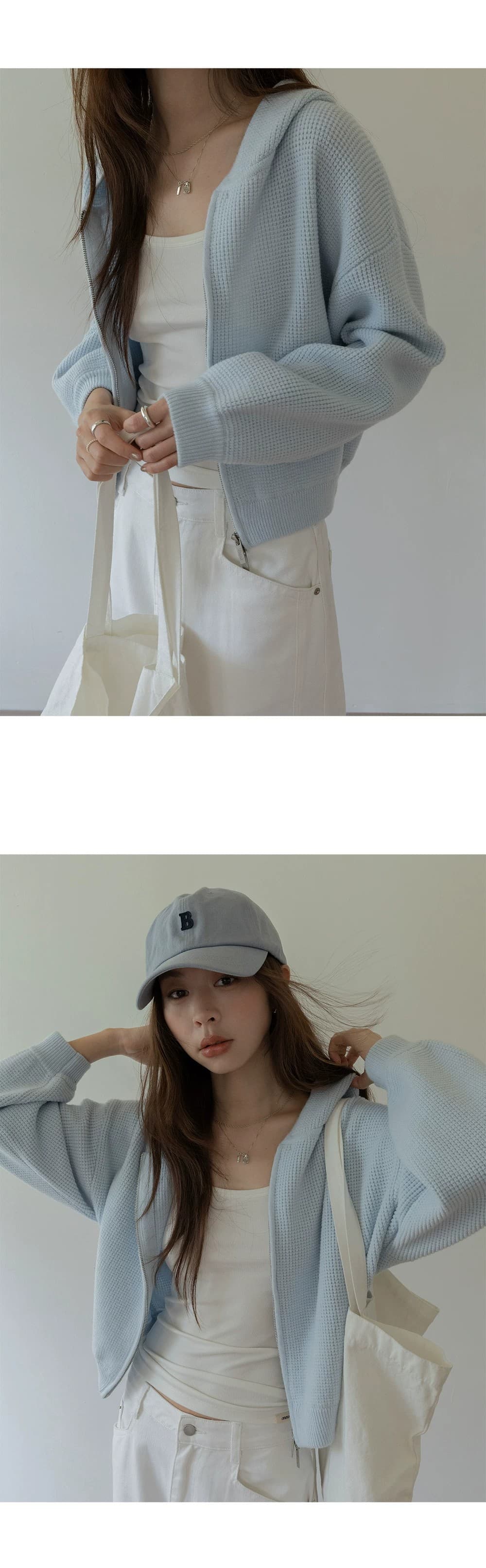 쇼트 스타일 스웨터 오픈 가디건 여성 코트 후아 남편 그리드 후드 지퍼 루즈핏 고급 센스 2026 봄 새로운 상세 이미지 3