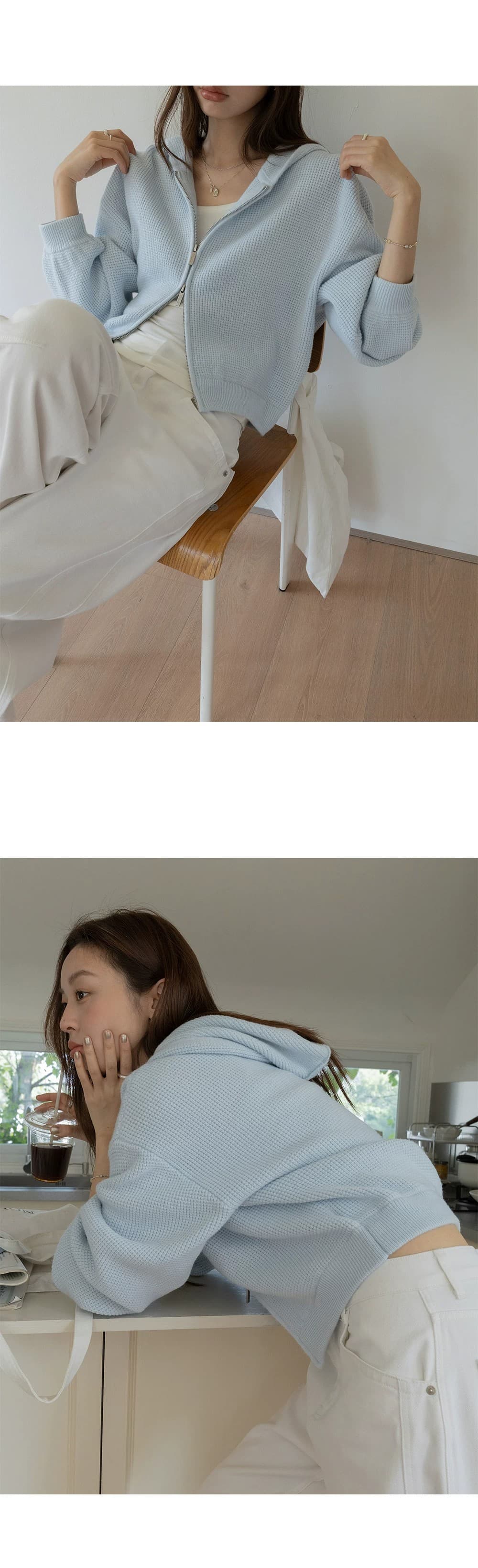 쇼트 스타일 스웨터 오픈 가디건 여성 코트 후아 남편 그리드 후드 지퍼 루즈핏 고급 센스 2026 봄 새로운 상세 이미지 11