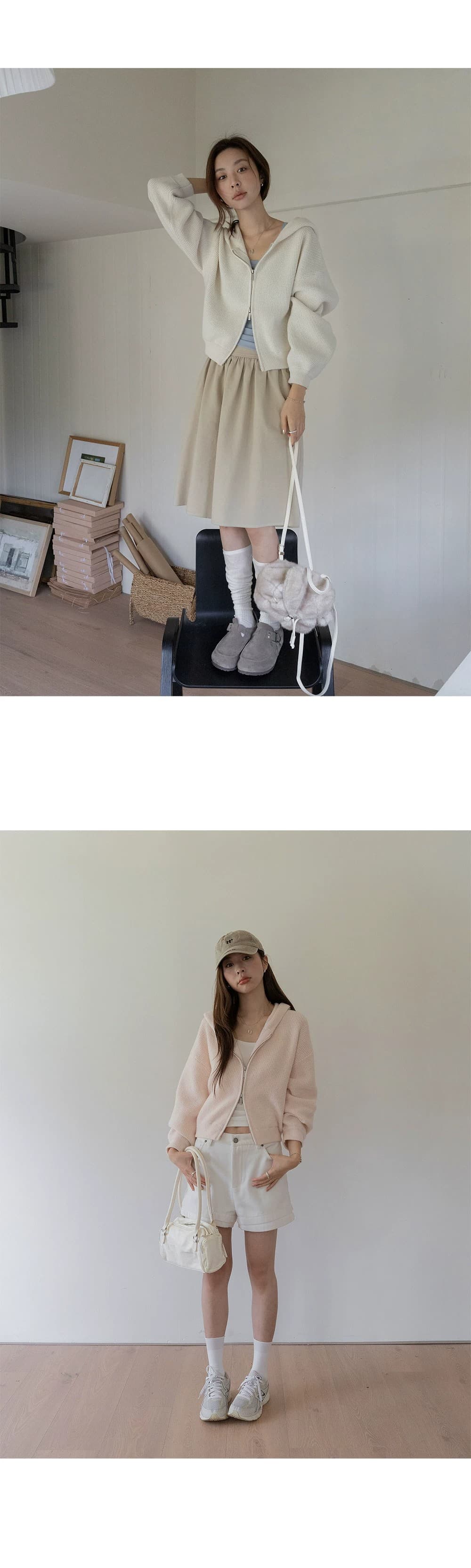 쇼트 스타일 스웨터 오픈 가디건 여성 코트 후아 남편 그리드 후드 지퍼 루즈핏 고급 센스 2026 봄 새로운 상세 이미지 30